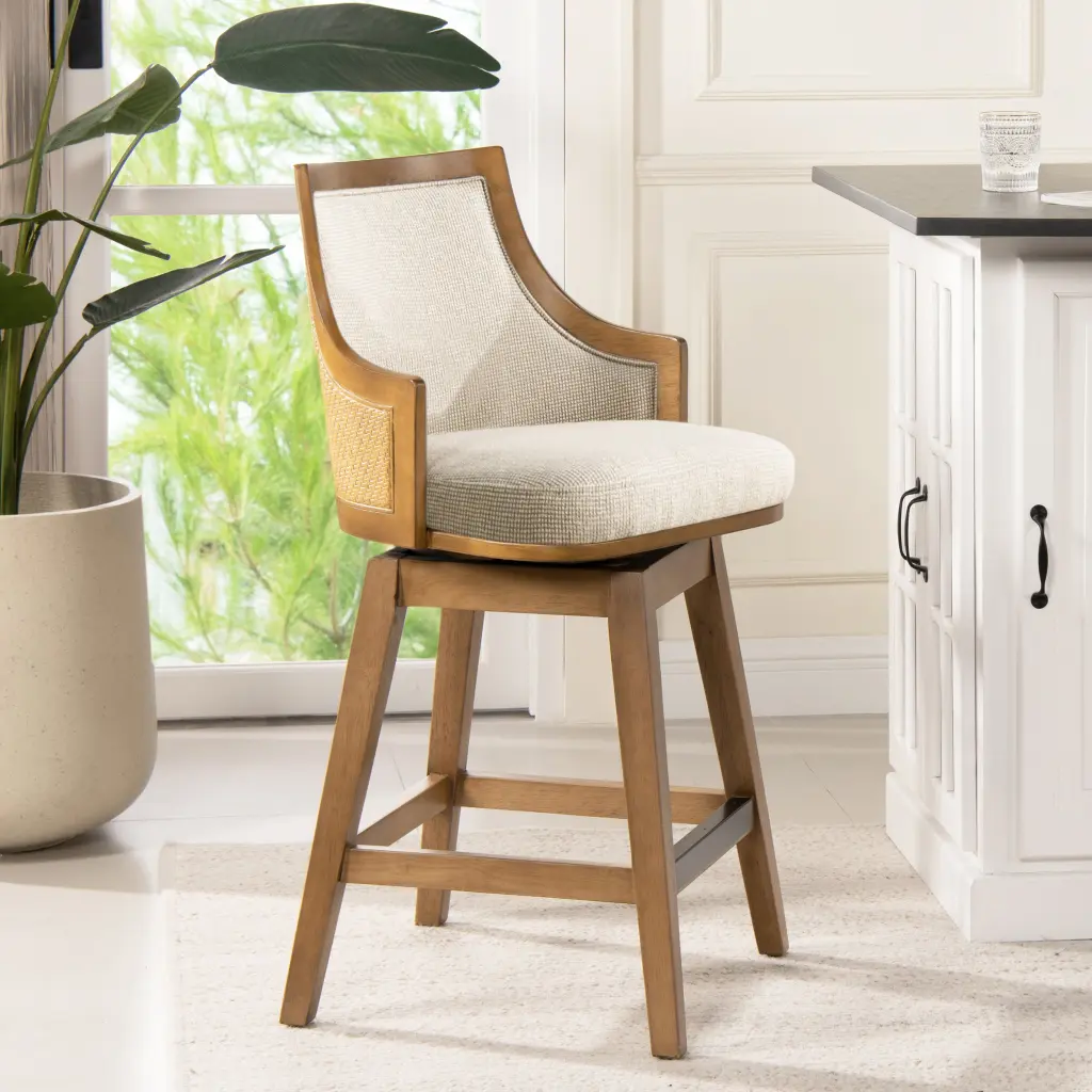 Bahama 26 Inch Cane Rattan High Back Swivel Counter Stool Recessed Arms jennifer taylor home
