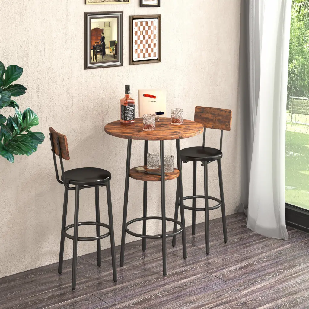 Round Bar Stool Set Shelf Upholstered Stool Backrest Rustic Design jhx