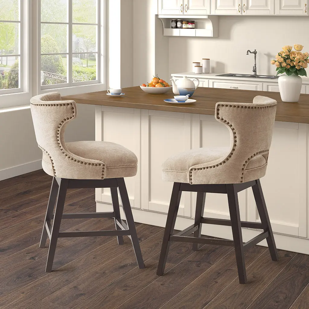 25.75 Inch Swivel Counter Stool Beige Polyester Kitchen Bar jla