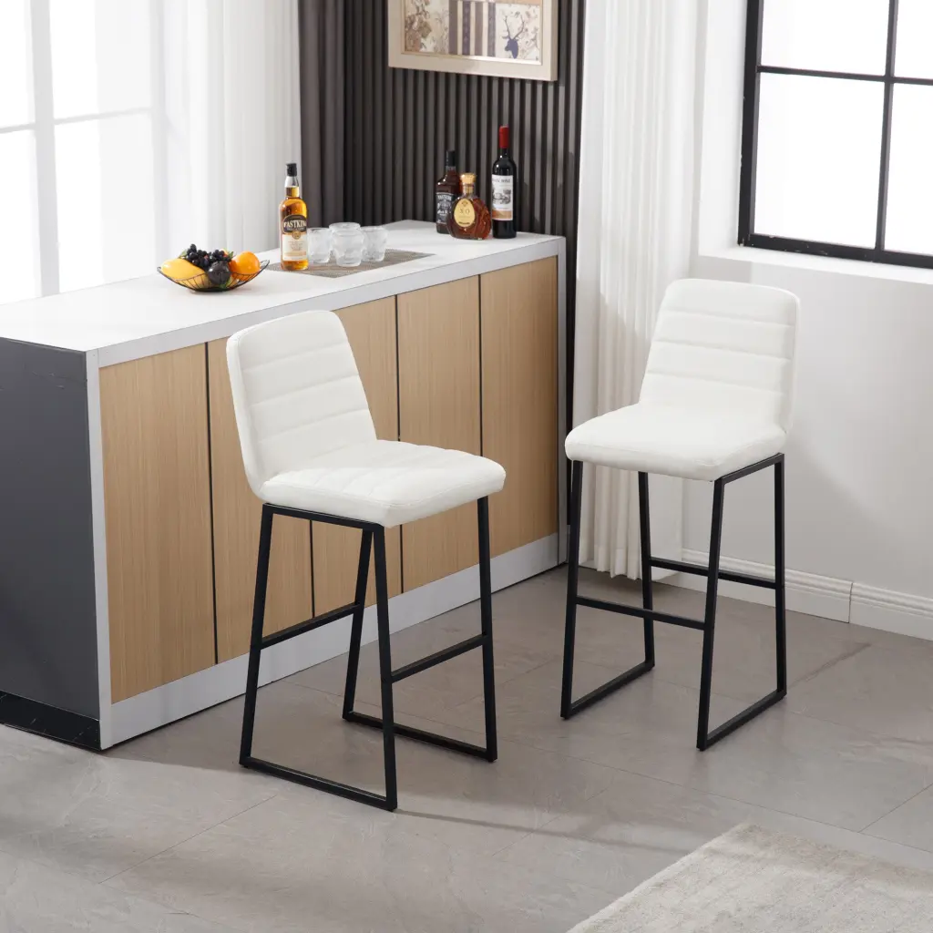 Bar Stools Set 2 Back Upholstered PU Leather Kitchen Breakfast Stools lesscasa