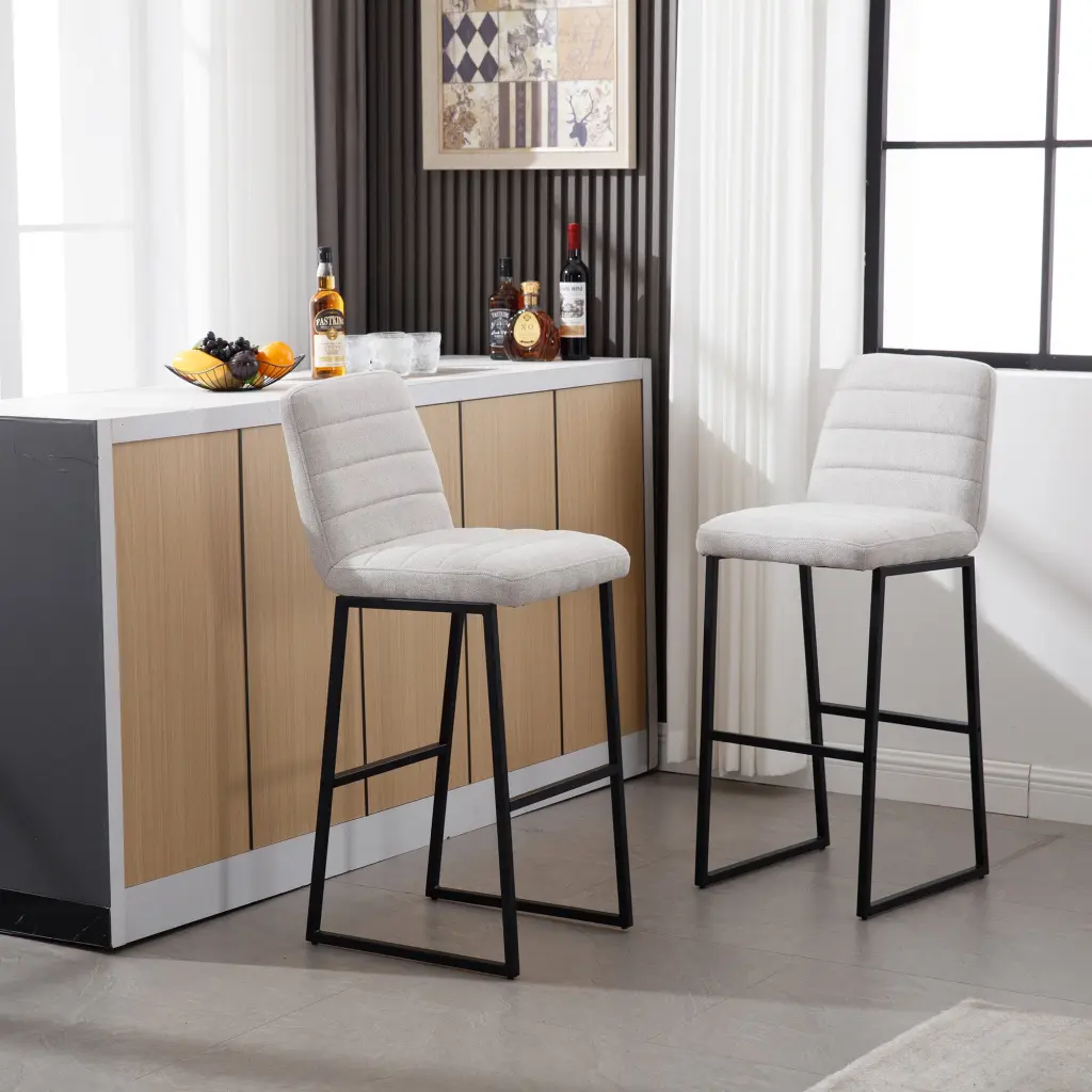 Bar Stools Set 2 Back Upholstered Linen Kitchen Breakfast lesscasa