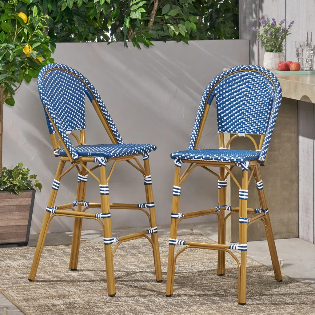 29.5" Outdoor PE Rattan French Barstool Dark Teal and White nh-bc furniturings