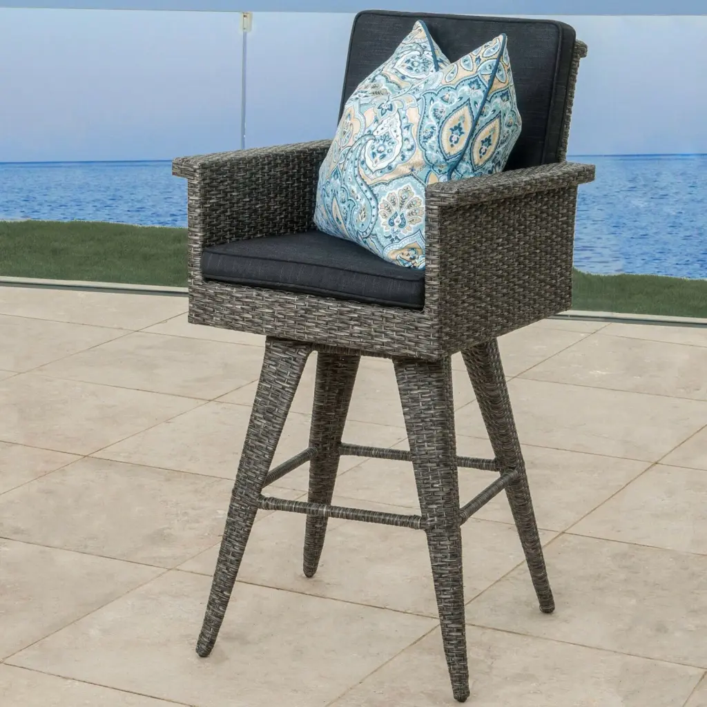 30 Inch Outdoor Wicker Barstool Water Resistant Cushions 1Pc Black nh-bc furniturings