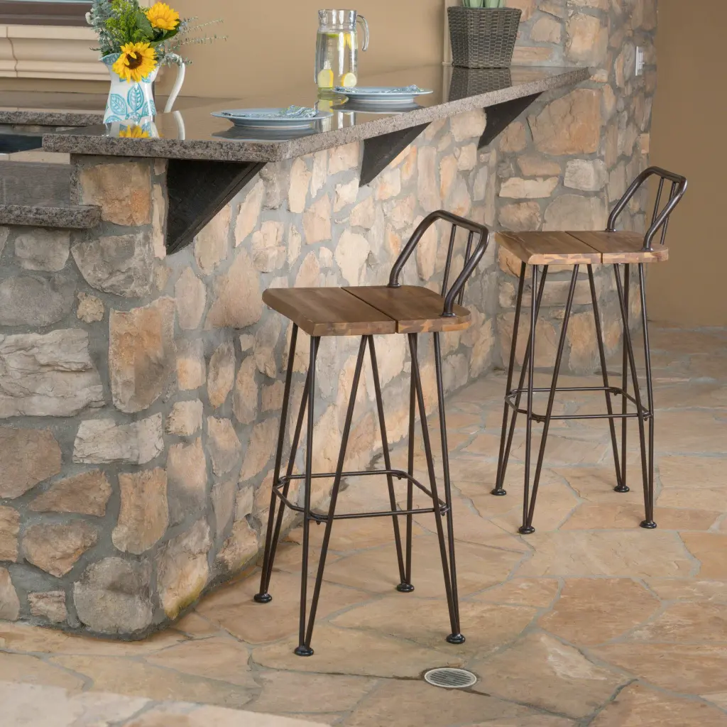 Denali Industrial Wood and Metal Barstool Brown Acacia Wood Seat nh-home living