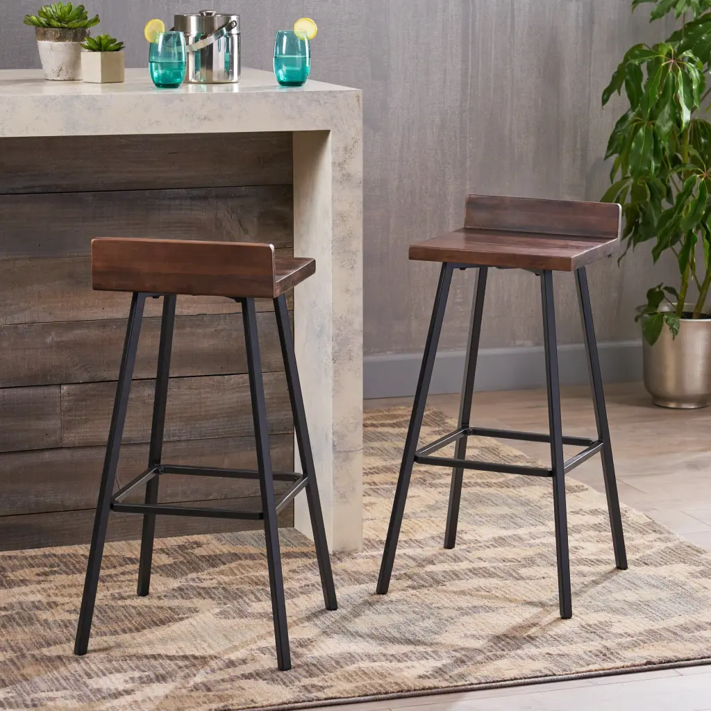 Jut Barstool Brown Acacia Wood Durable Counter Height Stool Kitchen Bar nh-home living