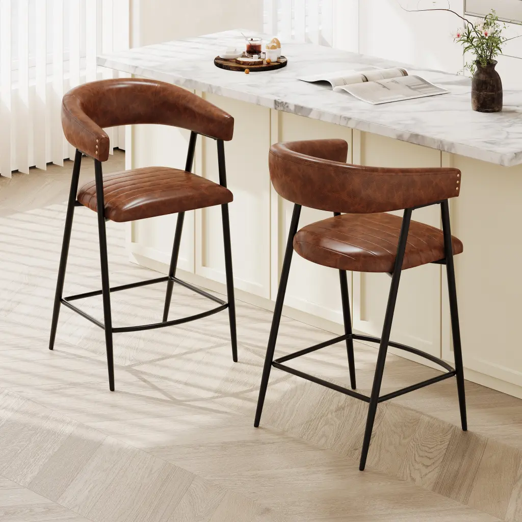 26 Inch PU Upholstered Counter Stools Set 2 Iron Base nh-onfind