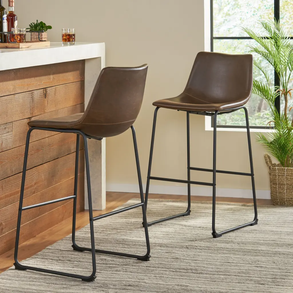 Set 2 Cedric Faux Hide Barstools 30 Inch Vintage Brown PU Kitchen Stools nh-onfind
