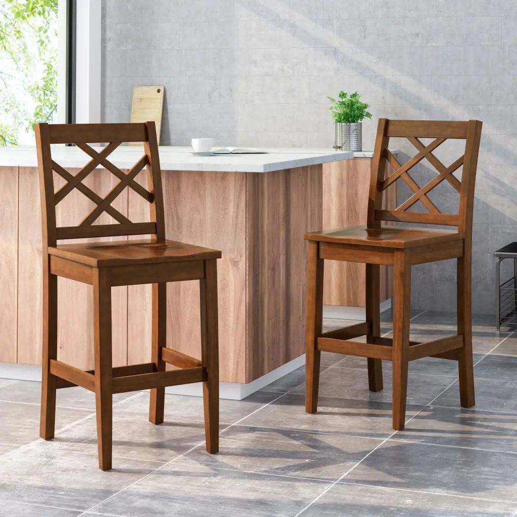 Set 2 Mahogany Wood Counter Chairs Water-resistant Material nh-perfect home