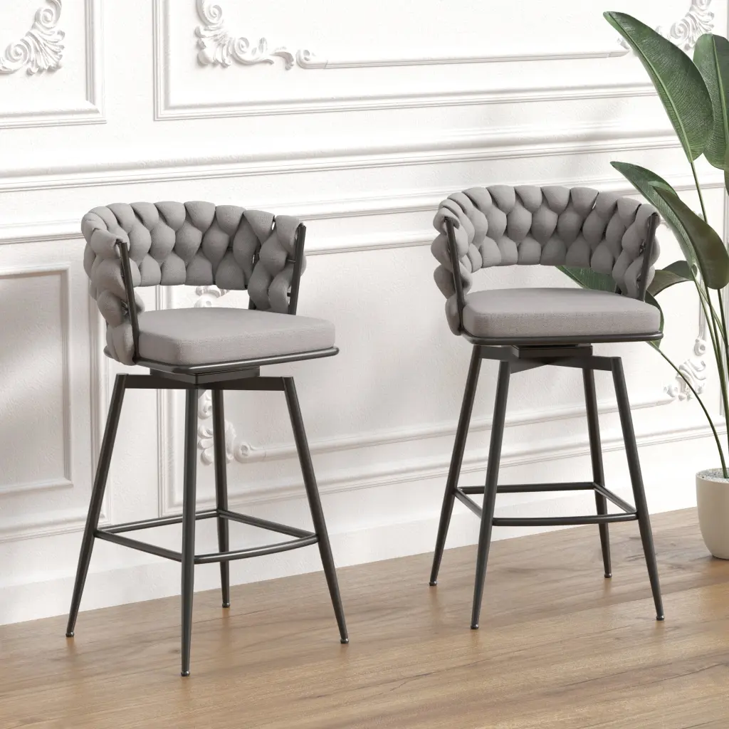 Bar Chair Linen Woven Bar Stool Set 2 Black Legs No Adjustment Modern Design nuoli furniture