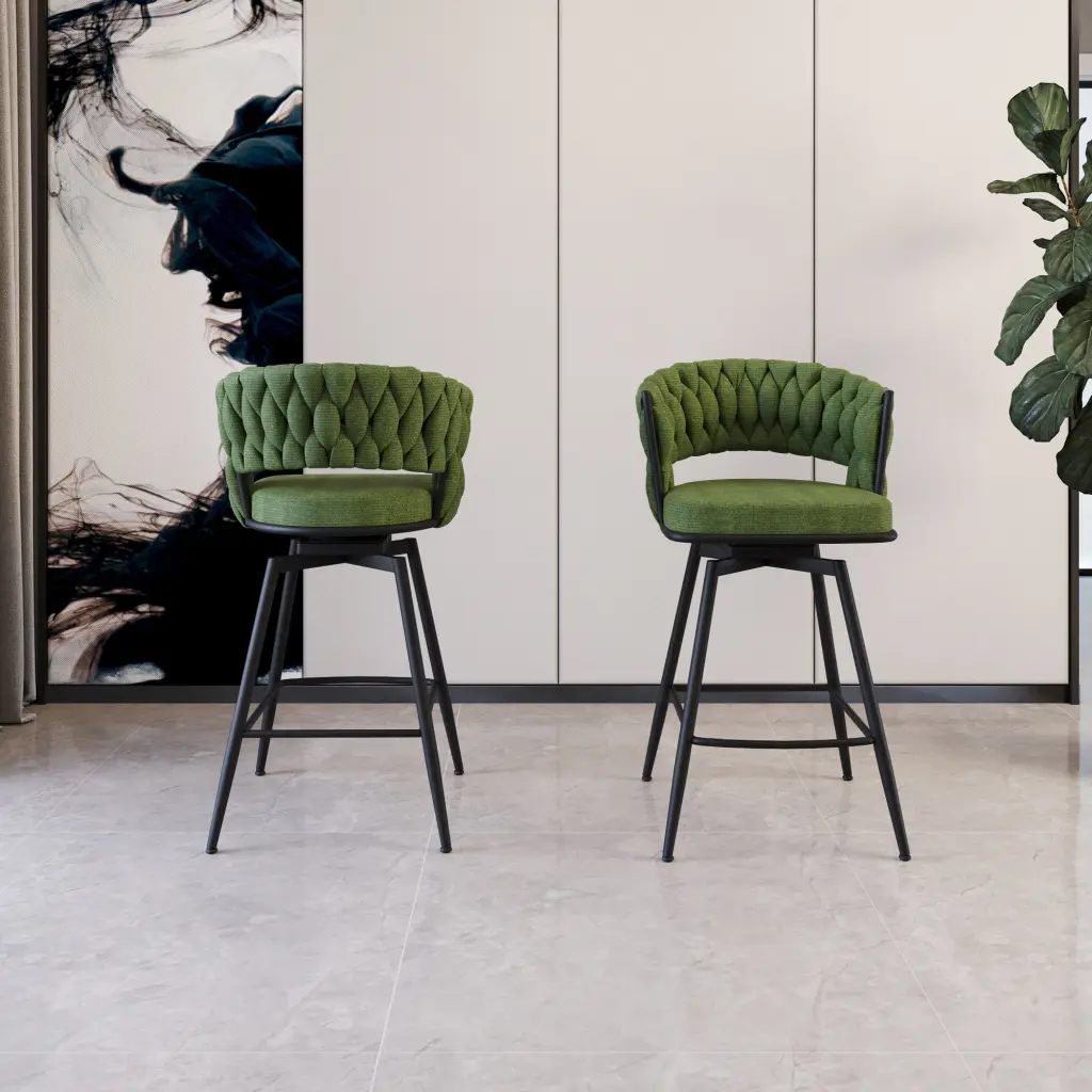 Bar Chair Linen Woven Bar Stool Set 2 Black Legs nuoli furniture