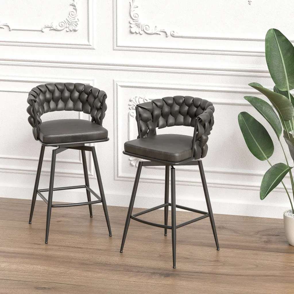 Technical Hide Woven Bar Stool Set 2 Black Legs No Adjustment nuoli furniture
