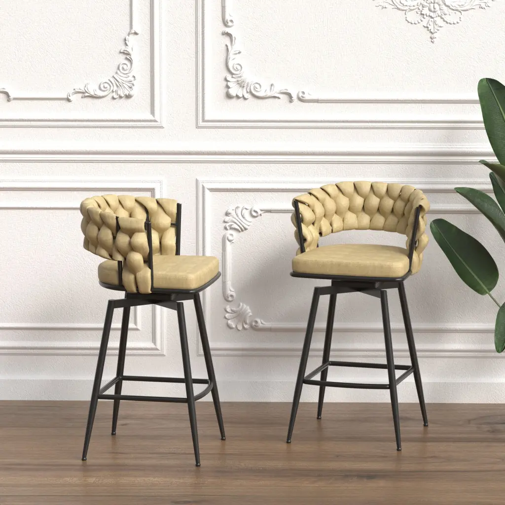 Technical Leather Woven Bar Stool Set 2 Black Legs nuoli furniture