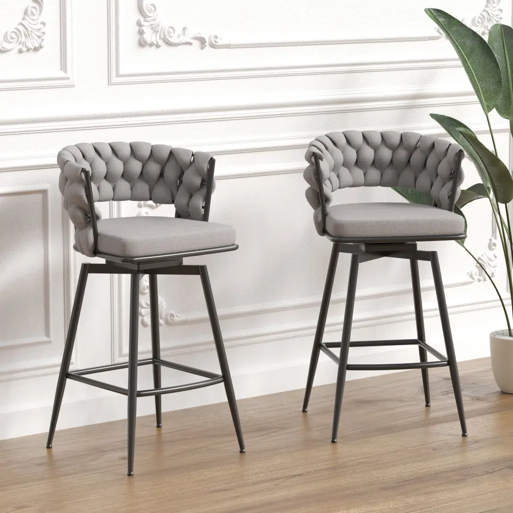 Bar Chair Linen Woven Bar Stool Set 2 Black Legs No Adjustment nuoli office furniture