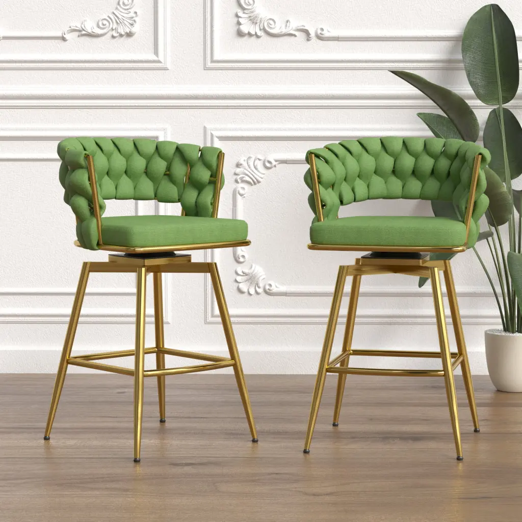 Linen Woven Bar Stool Set 2 Golden Legs No Adjustment nuoli office furniture