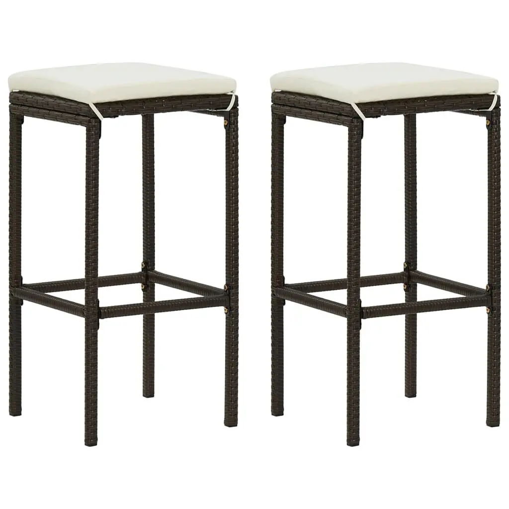 2 Pack Brown Poly Rattan Bar Stools Cushions Counter Height Seating