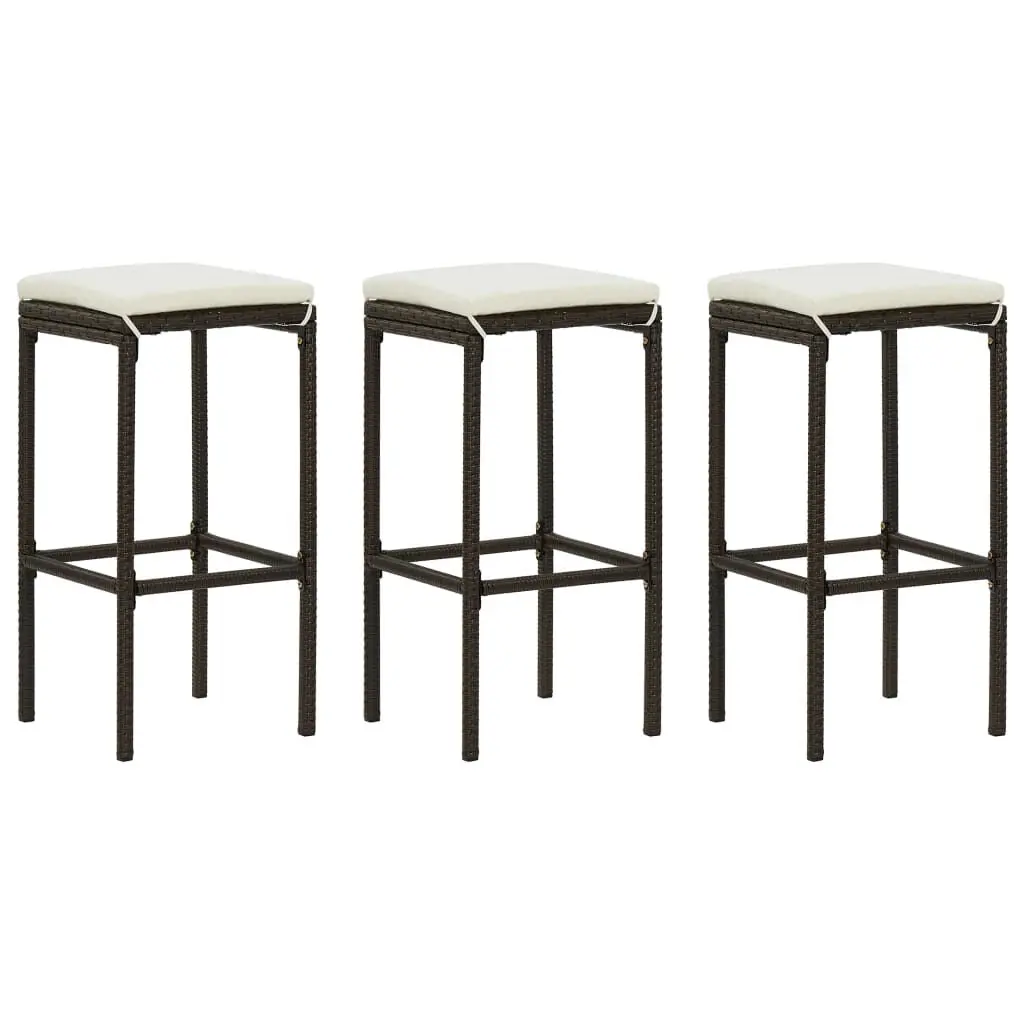 3 Pack Brown Poly Rattan Bar Stools Cushions Counter Height Seating Set