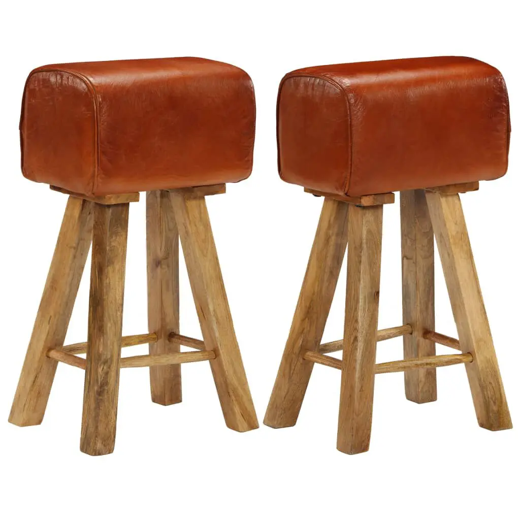 2 Pack Real Leather and Solid Mango Wood Bar Chairs Counter Stools