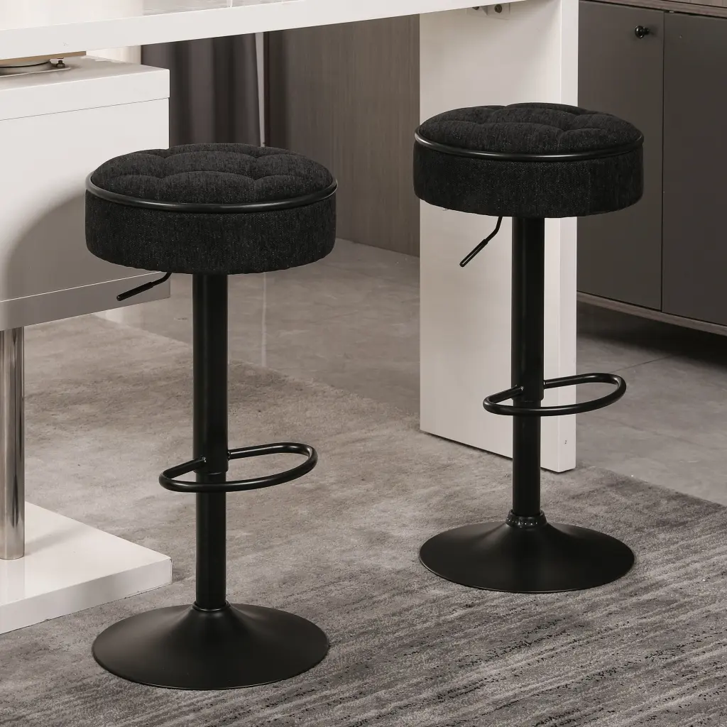 Round Storage Bar Stool Set 2 Black Linen Height Adjustable rnb