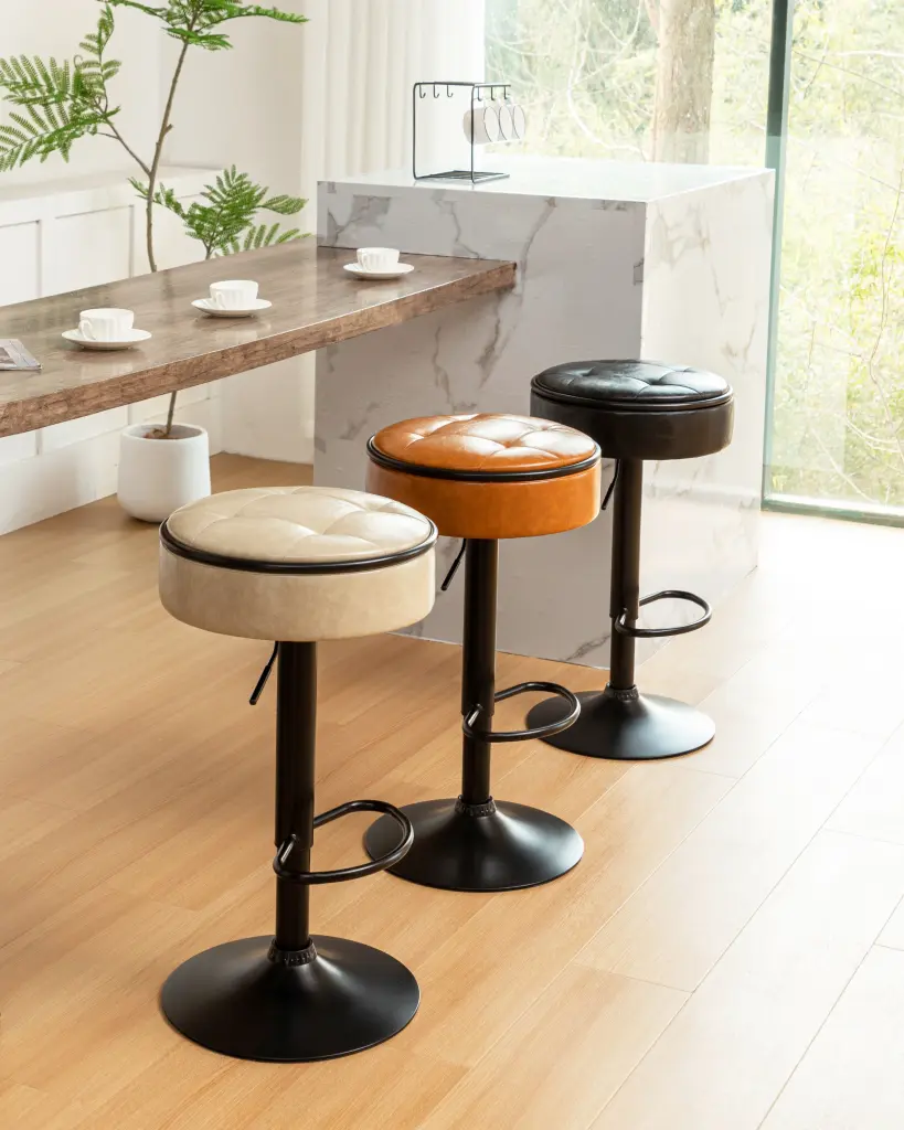 Round Storage Bar Stool Set 2 Brown Faux Leather Height Adjustable rnb