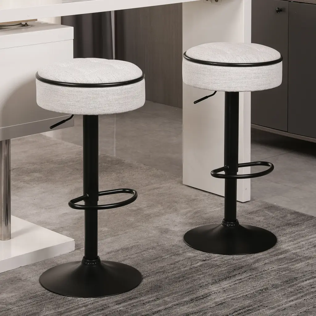 Round Storage Bar Stool Set 2 Off White Linen, Height Adjustable rnb