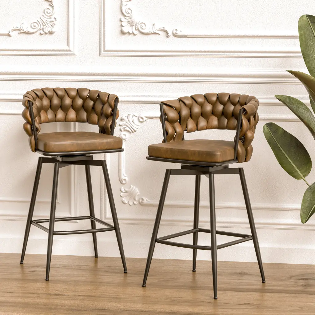 Technical Leather Woven Bar Stool Set 2 Black Legs No Adjustable Height rnb