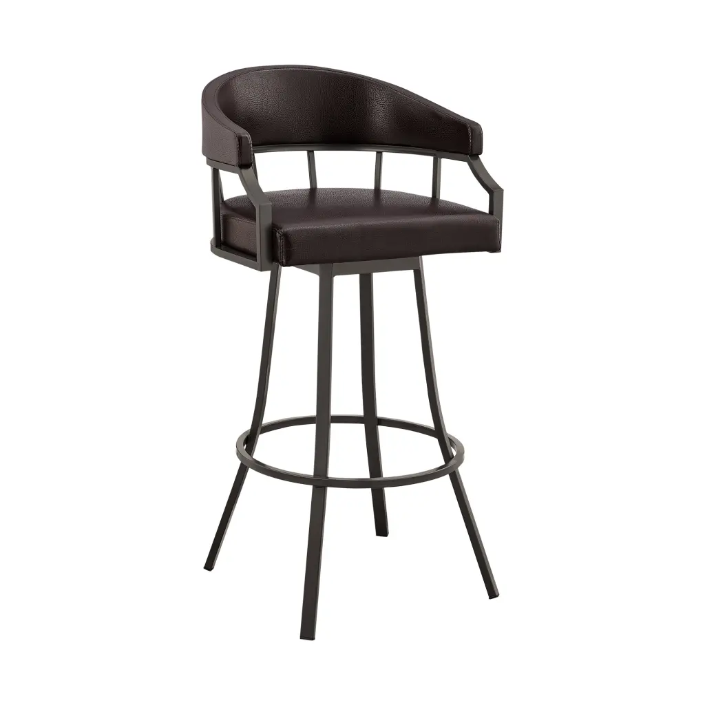 Mayla 30 Inch Swivel Bar Stool Metal Flared Legs Brown Faux Leather royal hampton