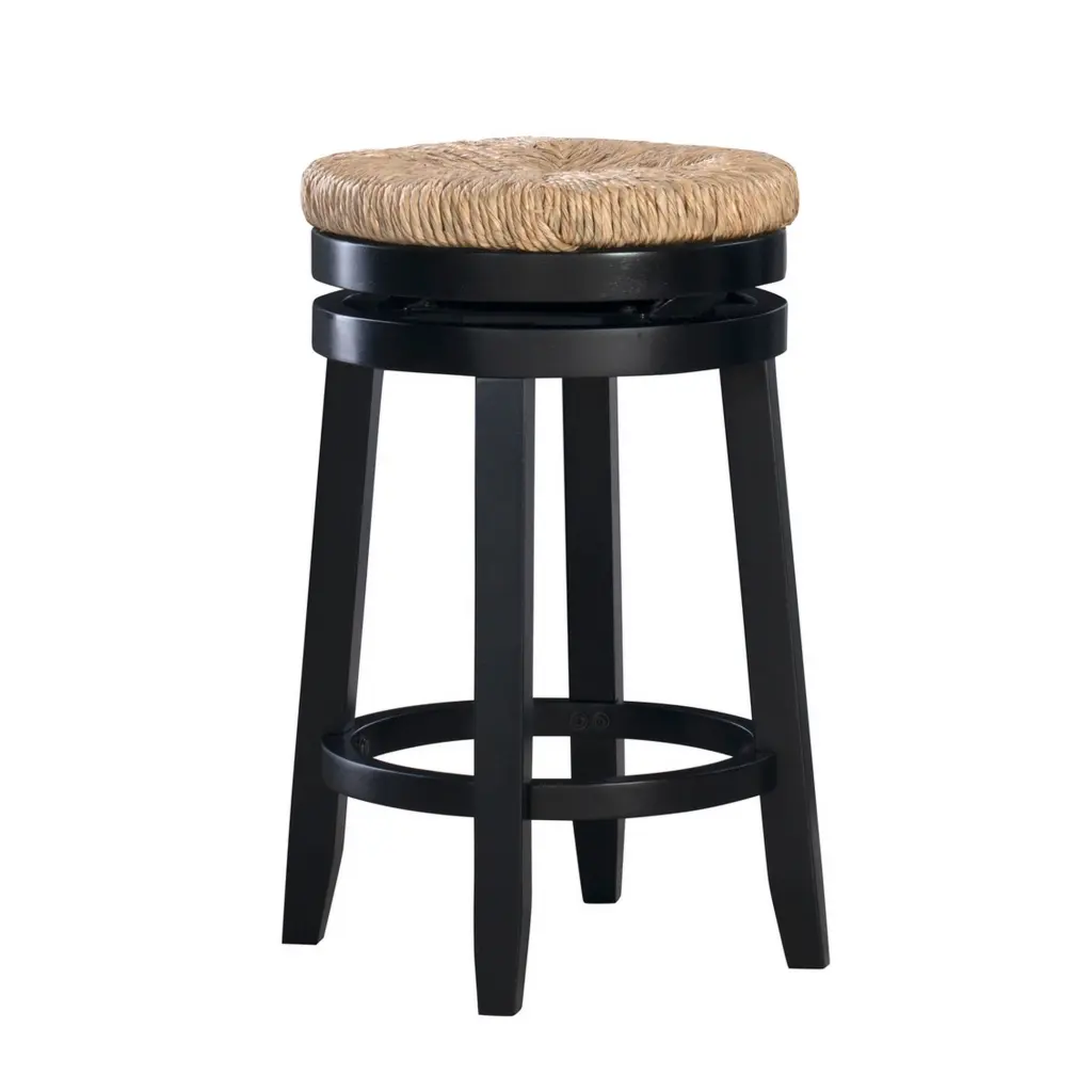 Wooden Counter Stool Round Rattan Padded Seat Black and Brown royal hampton