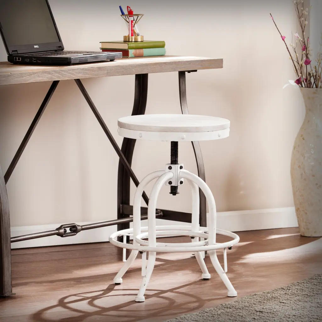 Industrial Adjustable Height Swiveling Stool White Washed MDF sei