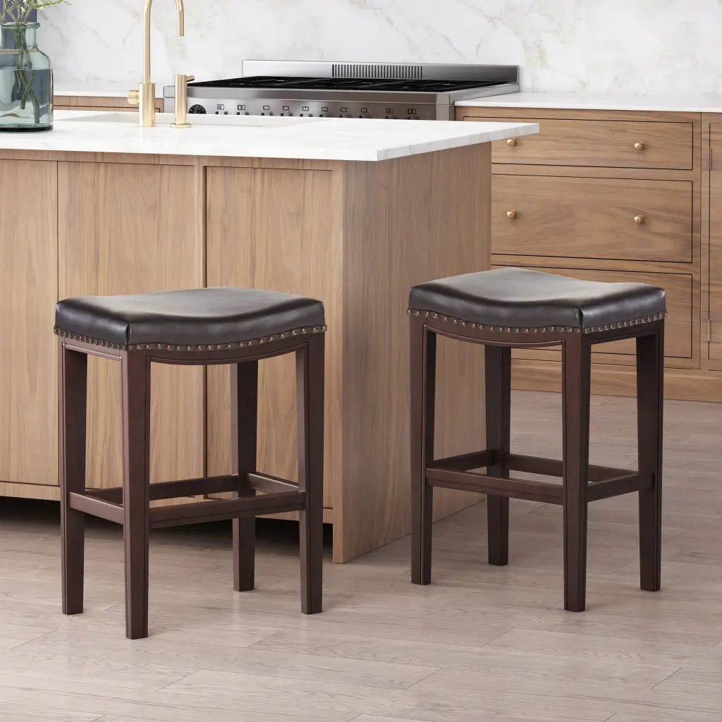 Tiffin Studded Counter Stool Set 2 Brown PU Leather Bar Stools