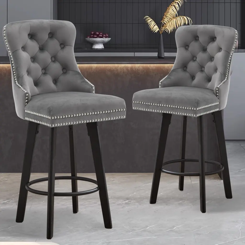 Modern Swivel Bar Stools Velvet Barstools Button Tufted Bar Stools Rivet Details ts furniture
