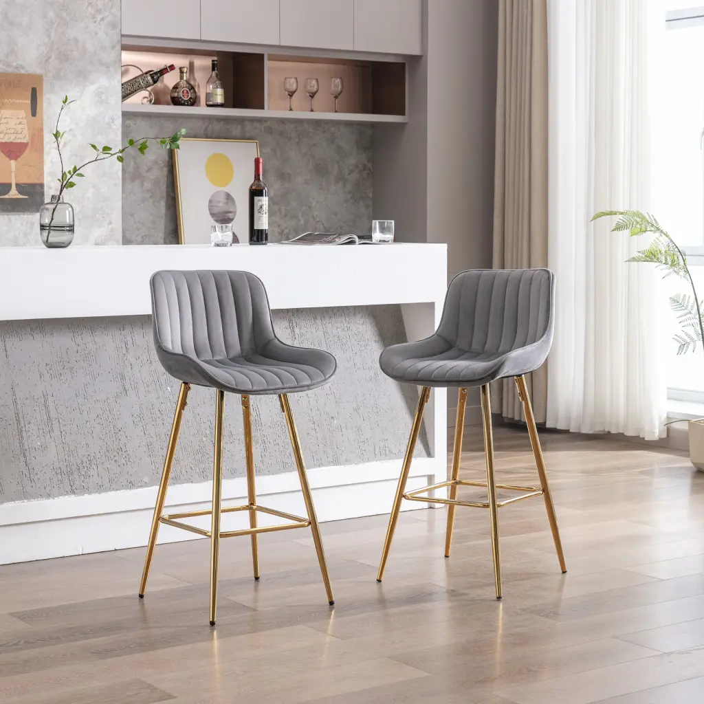 26 Inch Set 2 Bar Stools Chrome Footrest and Velvet Upholstery weehaa furniture