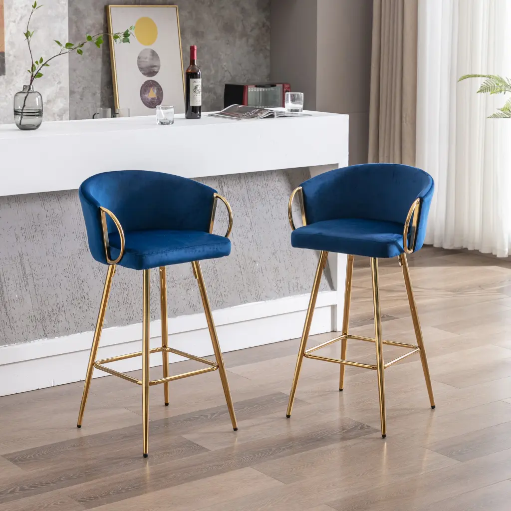 30 Inch Set 2 Bar Stools Chrome Footrest and Base Velvet Gold weehaa furniture