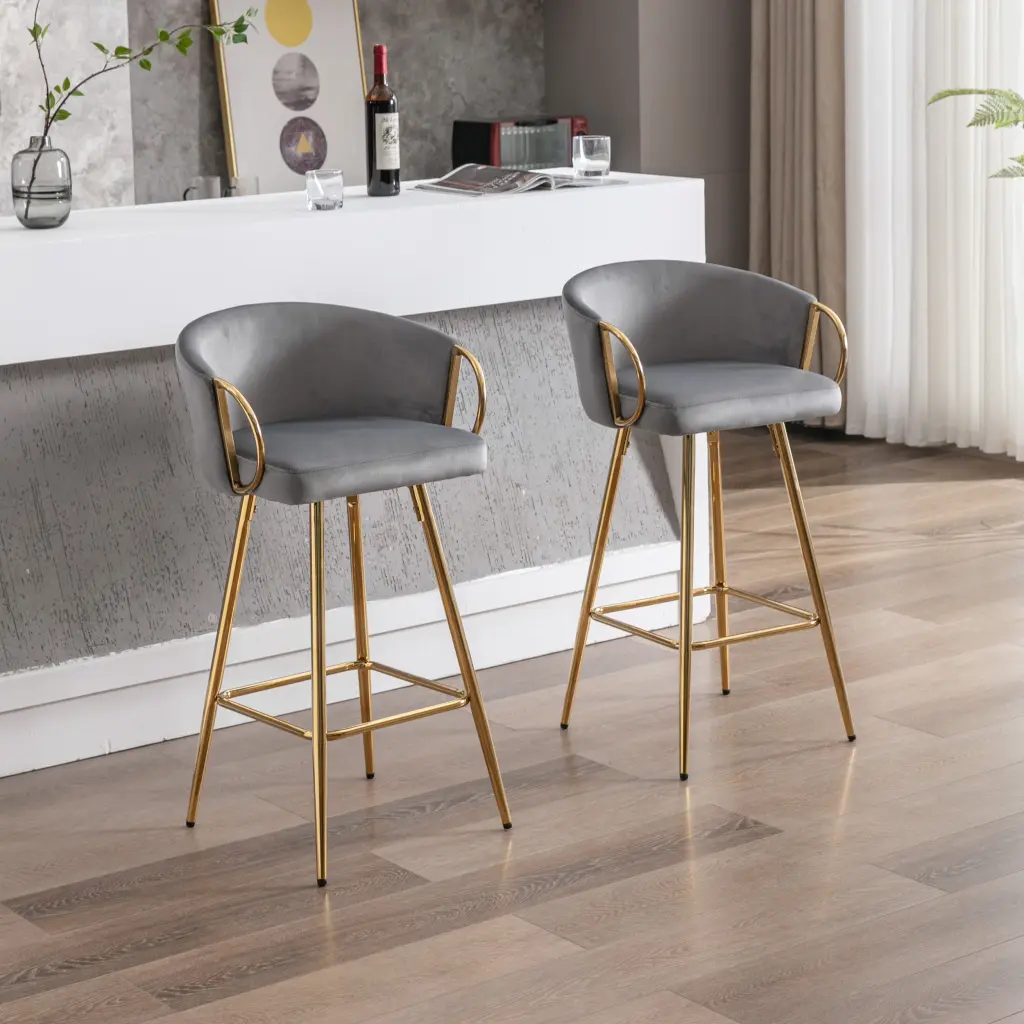 Set 2 Bar Stools 26 Inch Height Chrome Footrest Velvet Upholstery weehaa furniture