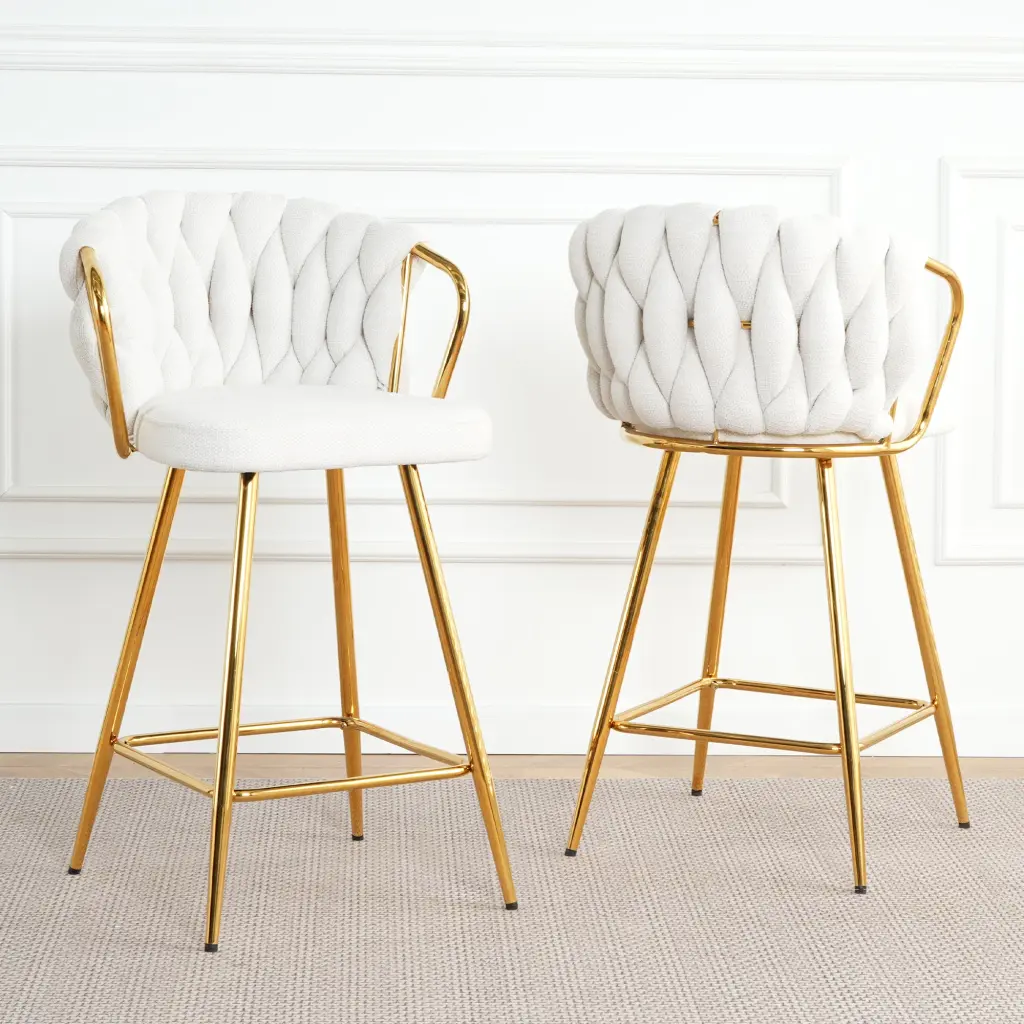 Modern High Stool Precious Metal Plated Legs Kitchen Dining White Linen Bar Stool youngmagic