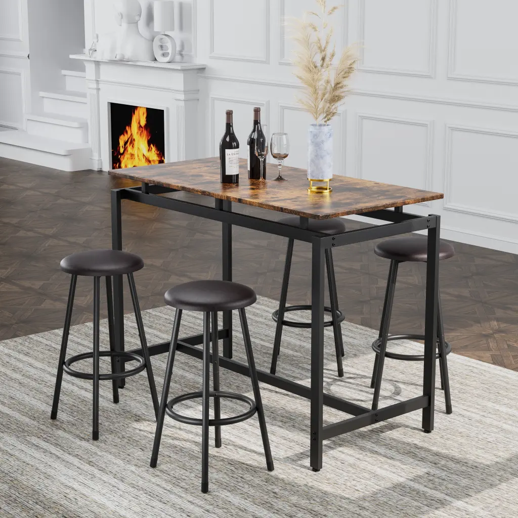 5 Piece Kitchen Counter Height Table Set Bar Table 4 Stools Brown Wood Dining Set hs furniture