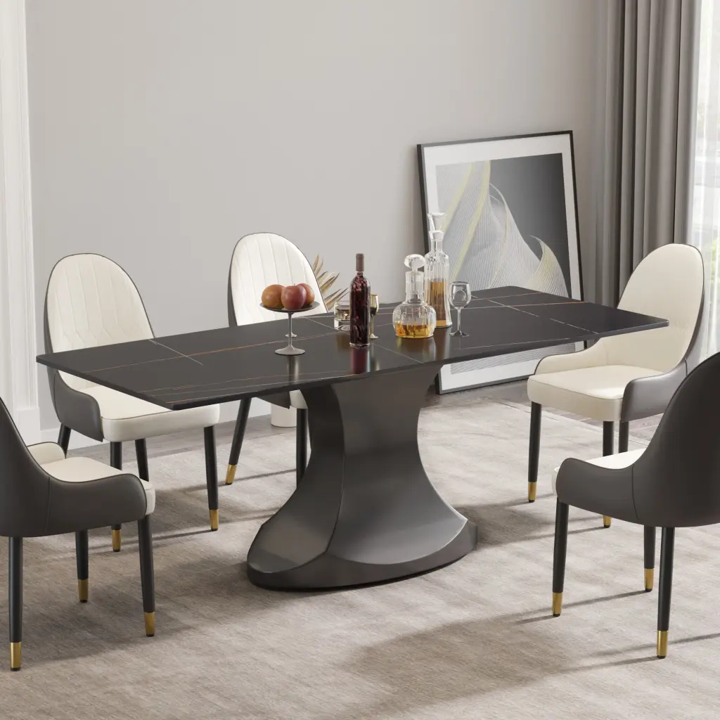 78.74 Inch Modern Artificial Stone Black Panel Gray Stainless Steel Curved Bar Table atunus