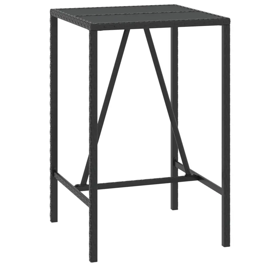 Bar Table Glass Top Black 27.6x27.6x43.3 Inches Poly Rattan Indoor Outdoor Use