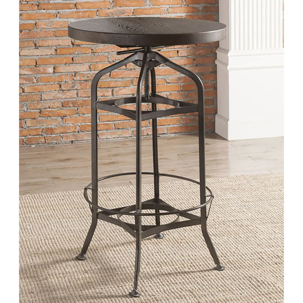 Walnut and Gunmetal Bar Table Round Timber Primary Living Space furniture max