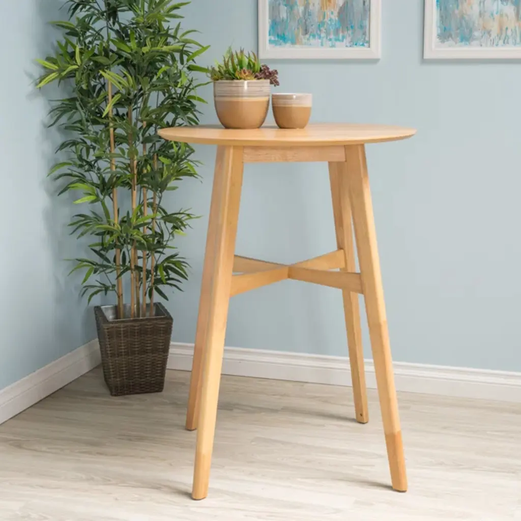 Mid Century Modern Circular Timber Bar Table Tapered Legs 31.5 Inch nh-onfind