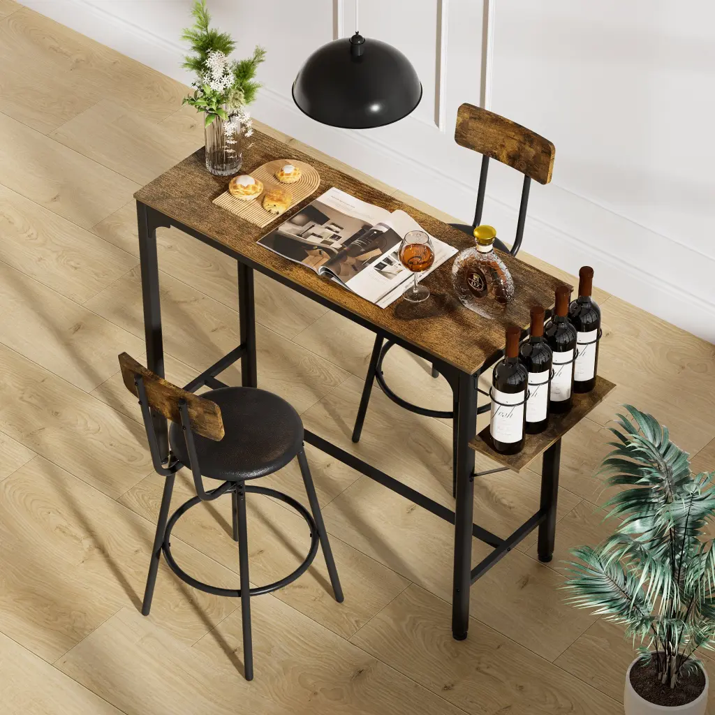 Wood Top Metal Base Side Table Industrial Bar Table Two Chairs Adjustable Height rnb