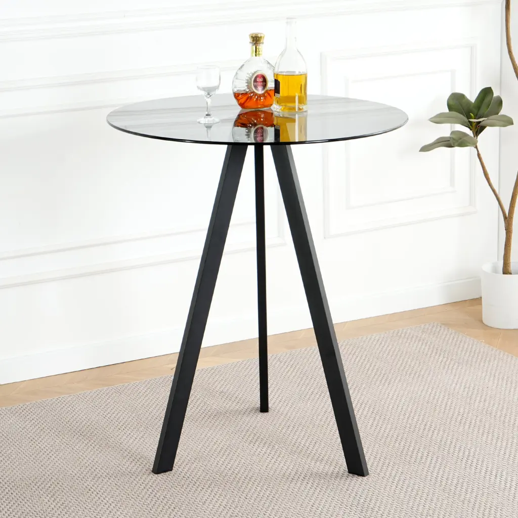 Modern Kitchen Glass Dining Table Round Tempered Glass Grey 31.5 Inch Bar Table youngmagic