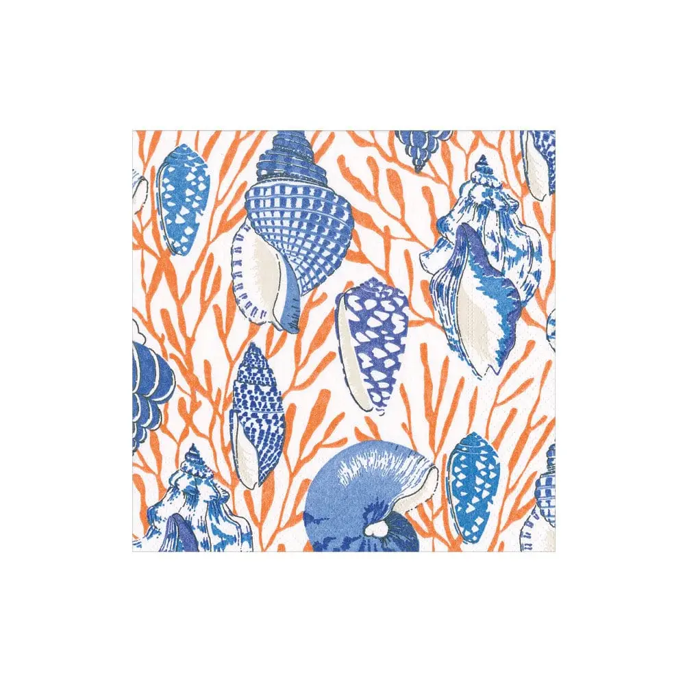 Shell Toile Paper Cocktail Napkins Coral & Sapphire - 20 per Package
