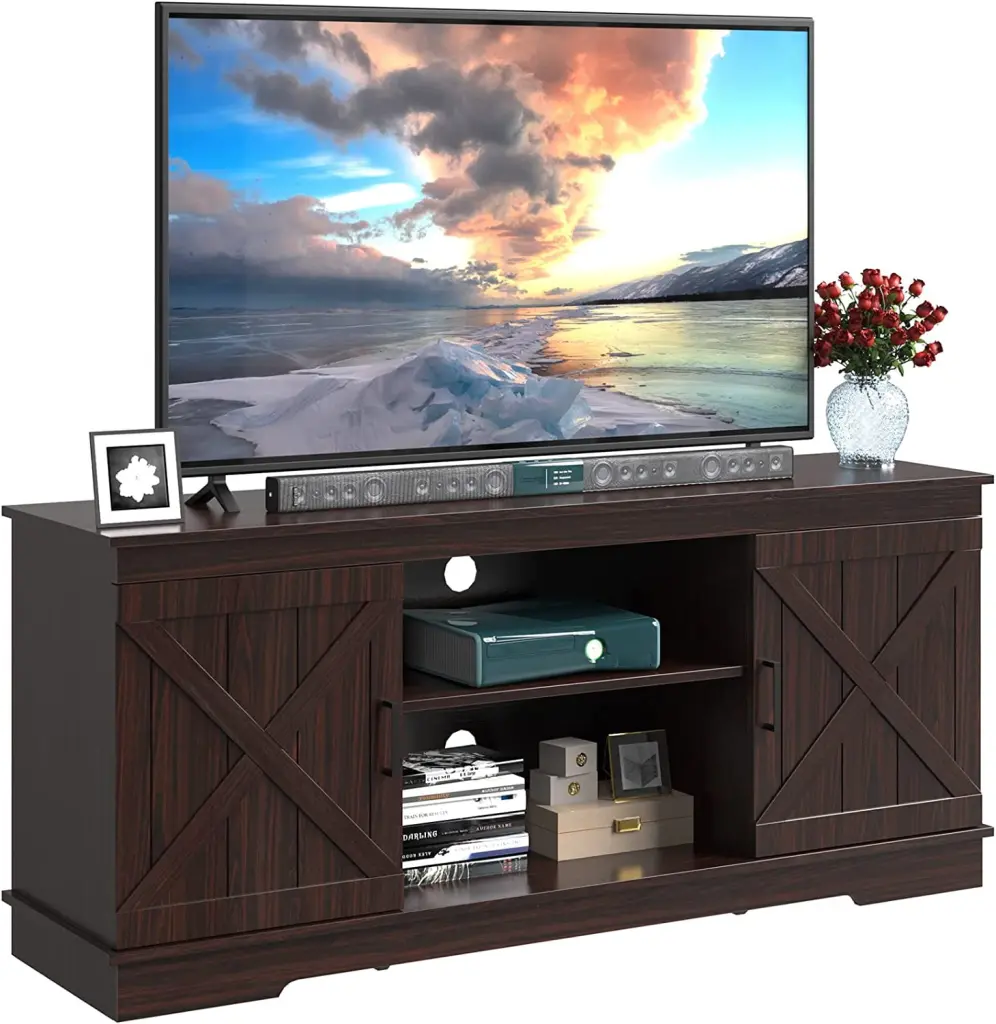 DEXTRUS Farmhouse TV Stand 65 Inch TVs Sliding Barn Doors Walnut Media Console Table