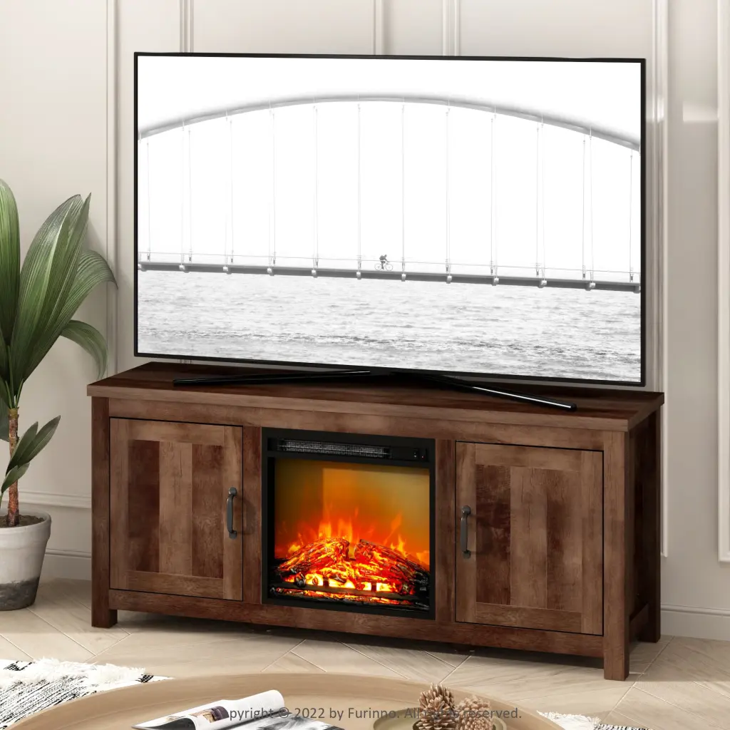 Furinno Jensen Farmhouse Barn Door TV Stand 60 Inch TVs - Rustic Brown Storage Cabinet