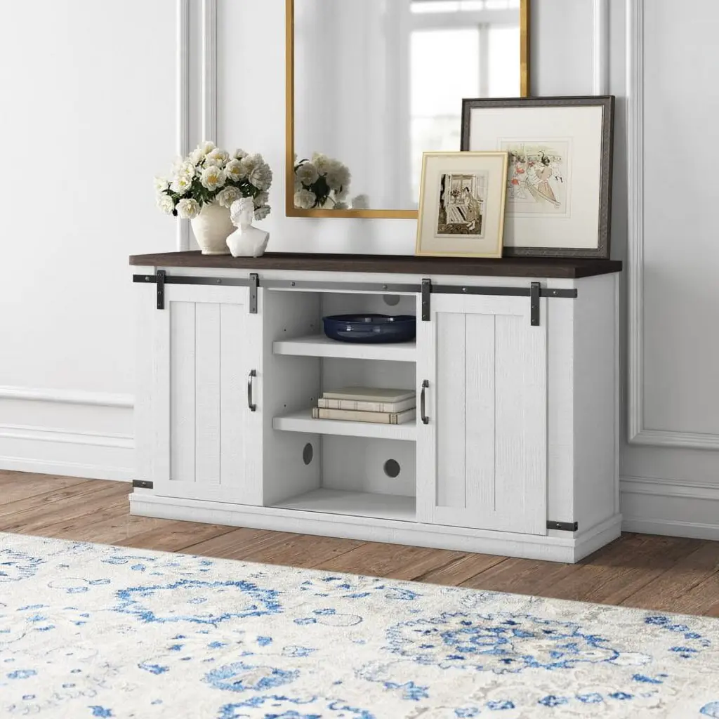Barn Door TV Stand 60 Inch Flat Panel TVs White Oak Finish Richseat