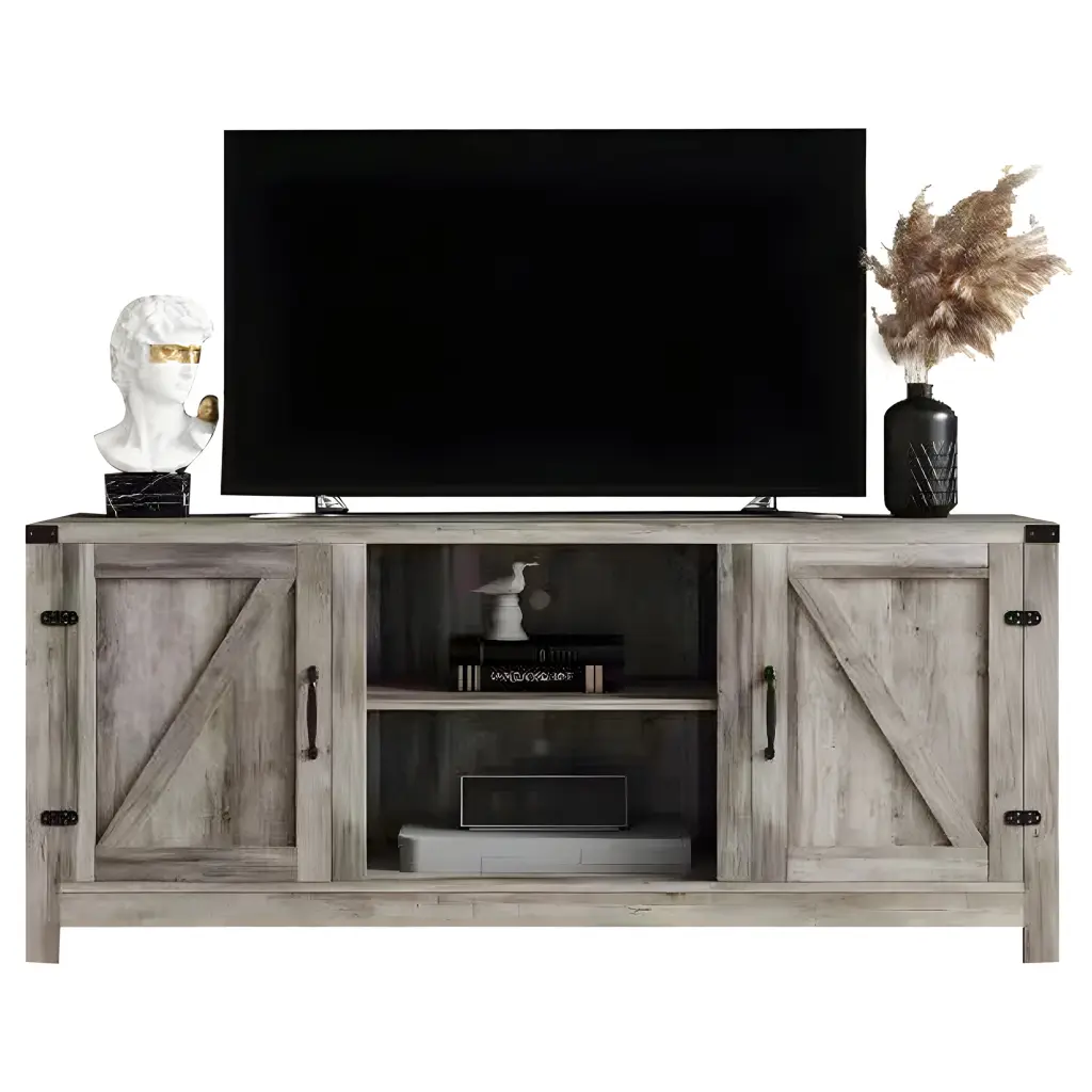 SUGIFT Modern Farmhouse Barn Door TV Stand 65 Inch TVs Reclaimed Barnwood