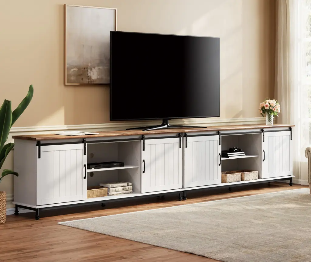 Farmhouse Sliding Barn Door TV Stand TVs Up to 110 Inches Adjustable Shelves Wampat