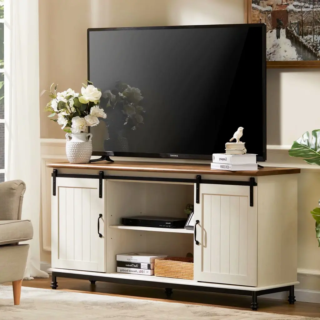Farmhouse TV Stand Sliding Barn Door Entertainment Center 65 Inch TVs Rustic White Wampat