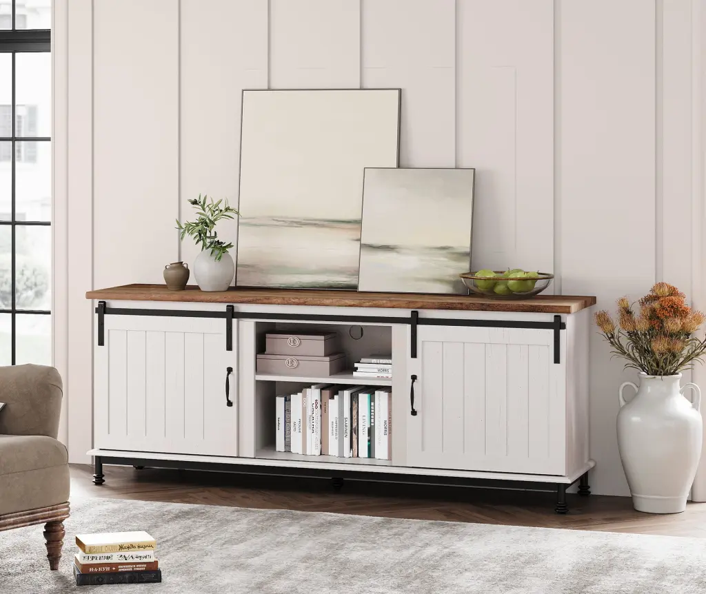 Sliding Barn Door TV Stand 70 Inch Wood Entertainment Center White Living Room Bedroom Wampat