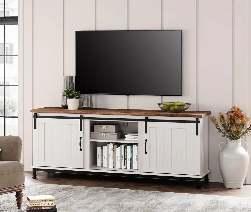 White TV Stand 70 inch TV Wood Entertainment Center Sliding Barn Door Living Room Bedroom Wampat